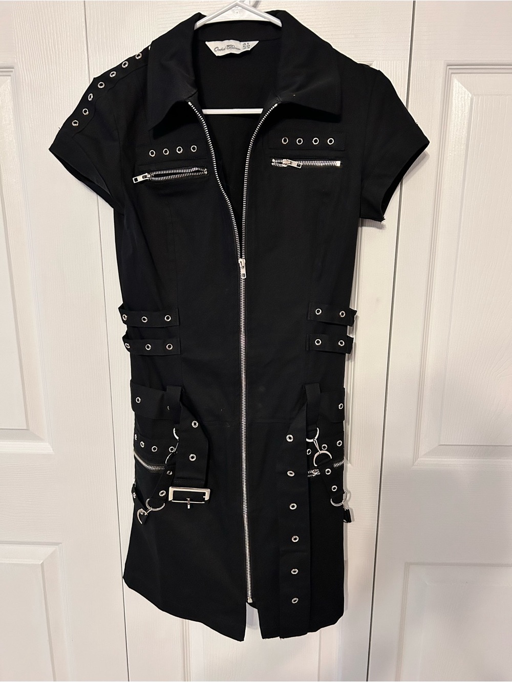 Black Eyelet Zip-Front Mini Dress with Buckle Details